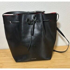 Mansur Gavriel Cinch Closure Leather Bucket Bag Black Red Shoulder Purse